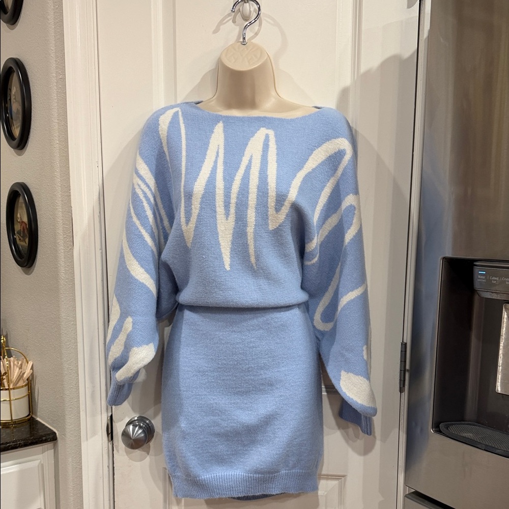 Light Blue and White Patterned Women's Sweater Dress